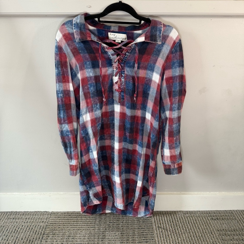 Vintage Havana Red Blue White Plaid Lace-Up Tunic Top Dress Collared